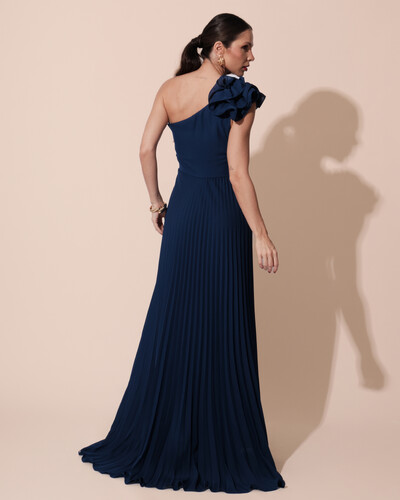 FotoVestido de Festa um Ombro Só Flor Saia Plissado Azul Marinho