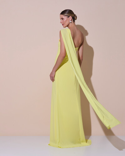 Foto Vestido de Festa Longo Crepe Chiffon Um Ombro Só Drapeado Amarelo Manteiga