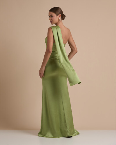 FotoVestido de Festa Longo Cetim Alfaiataria Tomara que Caia com Faixa Lenço Verde Pistache