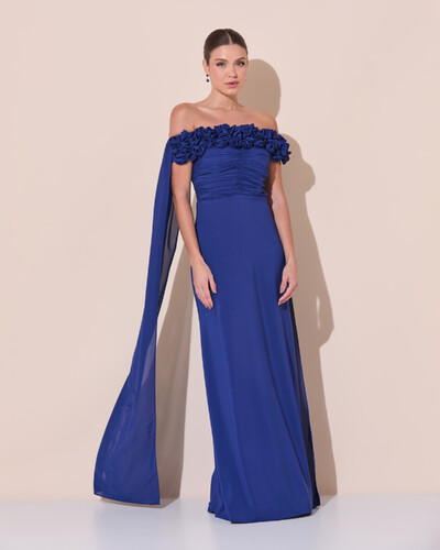 Foto Vestido de Festa Longo Ombro a Ombro Plissado Crepe Chiffon Capa Flor 3D Azul Marinho
