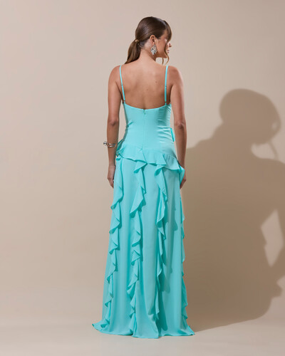 Foto Vestido de Festa Longo Decote V Crepe Chiffon Babados Cascata e Fenda Tiffany
