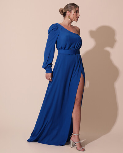 Foto Vestido de Festa Longo um Ombro Só Manga Longa com Cinto Azul Royal