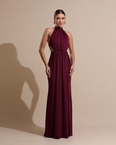 Foto Vestido de Festa Longo Malha Jersey Gola Alta Saia Sereia Marsala