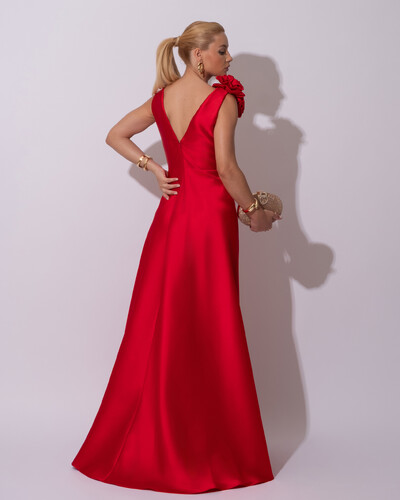 FotoVestido de Festa longo Zibeline Decote em V com Flores Removivel Vermelho