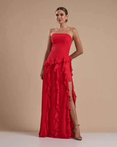 Foto Vestido de festa Longo Tomara que Caia Crepe Chiffon com Bababos Cascata e Fenda Vermelho