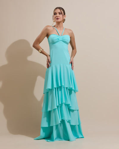 Foto Vestido Longo Crepe com Babado em Camadas Tiffany