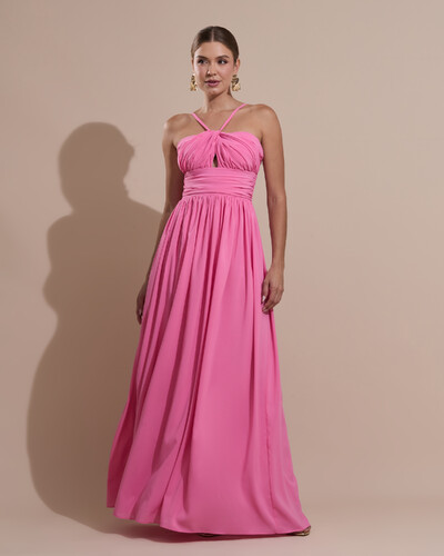 Foto Vestido de Festa Longo Crepe Chiffon Drapeado com Alças Finas Rosa