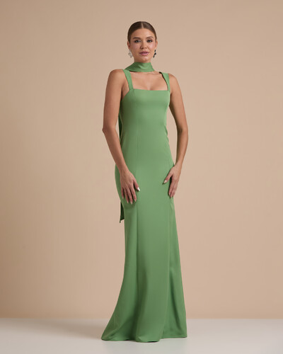 Foto Vestido de Festa Longo Alfaiataria Alça Larga e Lenço Verde Matcha