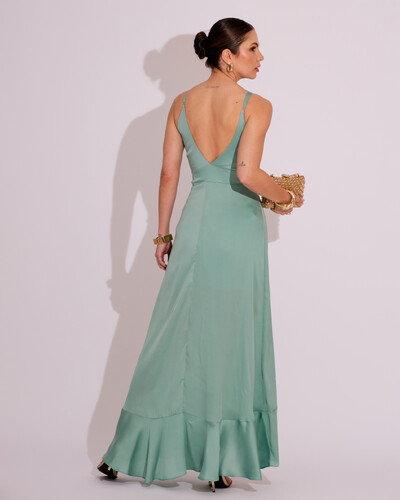 FotoVestido Midi Babado Acetinado Verde Menta