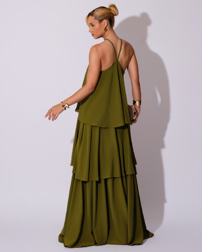 FotoVestido Longo Babado em Camadas Verde Oliva New