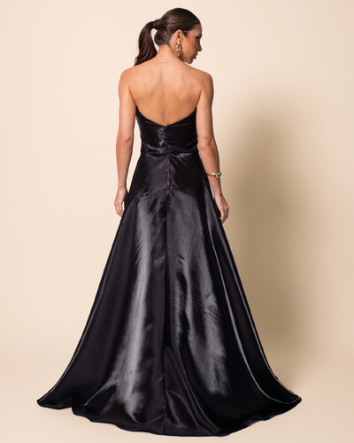 FotoVestido de Festa Longo Cetim Cristal Tomara que Caia Drapeado Preto