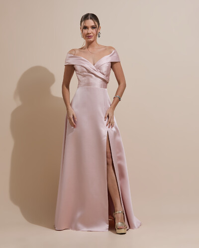 Foto Vestido de Festa Longo Zibeline Ombro a Ombro com Fenda Rosa Nude