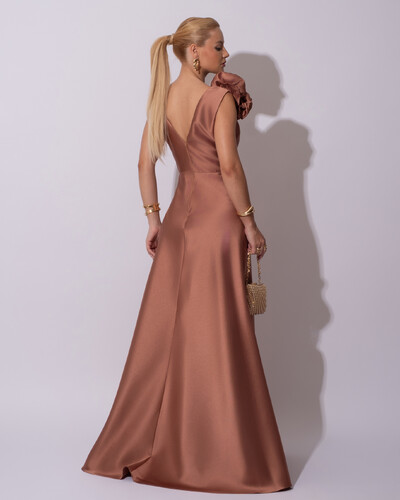 FotoVestido de Festa longo Zibeline Decote em V com Flores Removivel Mocha Mousse