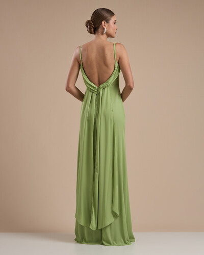 FotoVestido de Festa Longo Crepe Chiffon Costas Lenço Cauda Verde Garden