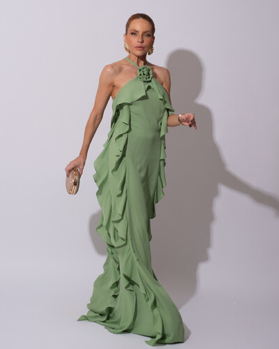Foto Vestido de Festa Longo Crepe Chiffon Frente Única Babados Cascata e Flor Verde Matcha