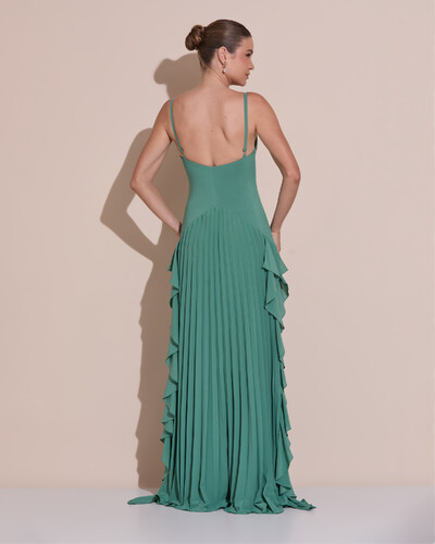Foto Vestido de Festa Longo Crepe Chiffon Alça Fina Saia Plissada com Babado Cascata Verde Matcha Escuro