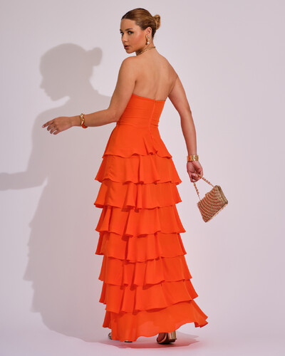 FotoVestido Longo Crepe Chiffon Tomara que Caia Plissado em Camadas Laranja