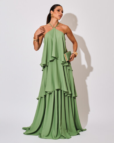 Foto Vestido Longo Babado em Camadas Verde Claro