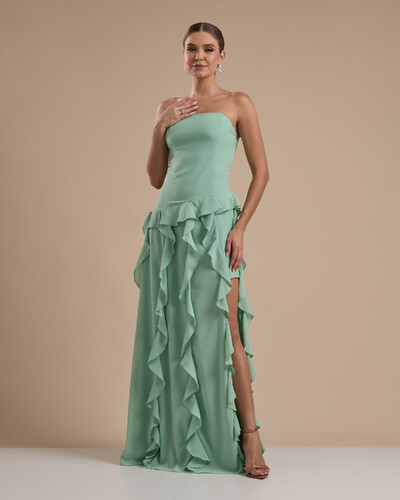 Foto Vestido de festa Longo Tomara que Caia Crepe Chiffon com Bababos Cascata e Fenda Verde Menta