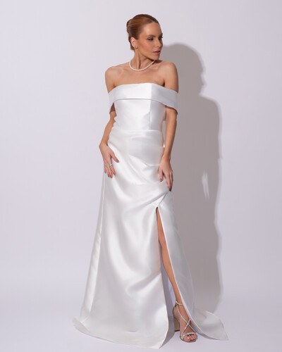Foto Vestido de Festa Longo Zibeline Ombro a Ombro Drapeado e Fenda Branco