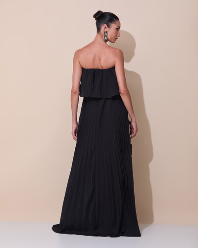 Foto Vestido de Festa Longo Crepe Chiffon Tomara que Caia Plissado com Babado Cascata Preto