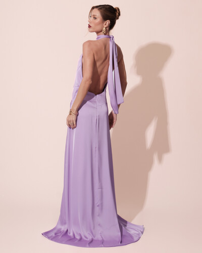 FotoVestido Longo de Festa Cetim Fluido Gola Alta e Babado Cascata Lilás