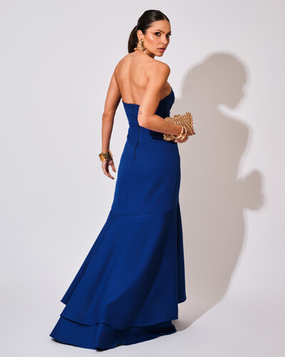 FotoVestido Longo com Fenda de Babados Alfaiataria Azul Royal