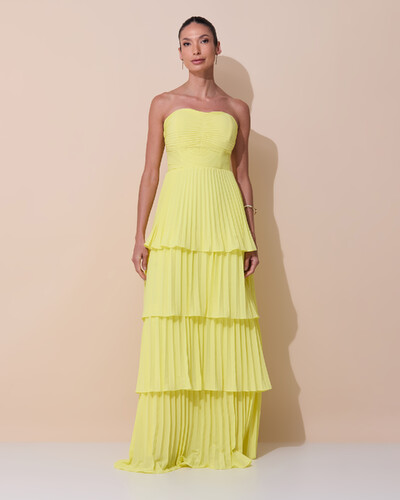 Foto Vestido de Festa Longo Tomara que Caia Crepe Chiffon Plissado Camadas Amarelo Manteiga