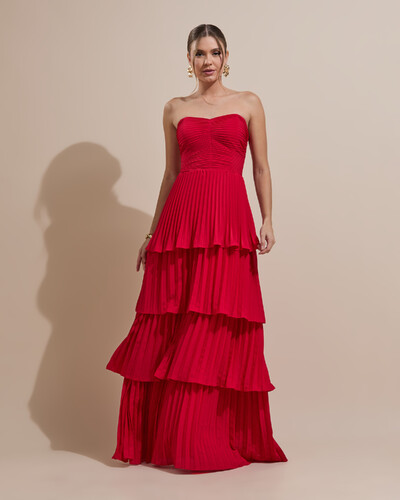 Foto Vestido de Festa Longo Tomara que Caia Crepe Chiffon Plissado Camadas Vermelho
