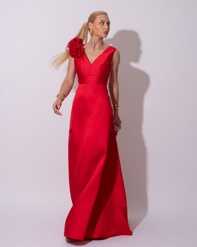 Foto Vestido de Festa longo Zibeline Decote em V com Flores Removivel Vermelho