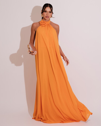 Foto Vestido Longo Crepe Chiffon Frente Única Fluido Flor Removível Mango Sorbet