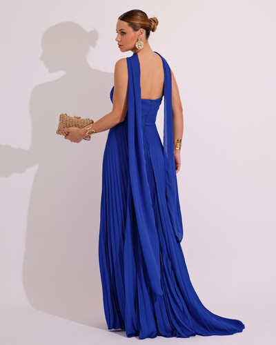 FotoVestido de Festa Longo Tomara que Caia Plissado com Lenço Azul Royal