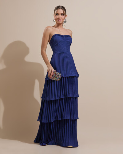 Foto Vestido de Festa Longo Tomara que Caia Crepe Chiffon Plissado Camadas Azul Marinho