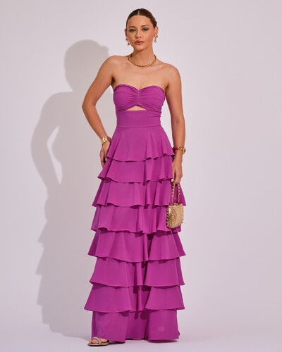 Foto Vestido Longo Crepe Chiffon Tomara que Caia Plissado em Camadas Fúcsia