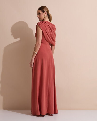 Foto Vestido de Festa Longo Um Ombro Só Crepe Chiffon Capa Drapeado Terracota