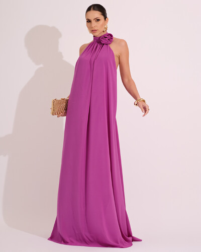 Foto Vestido Longo Crepe Chiffon Frente Única Fluido Flor Removível Fúcsia