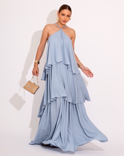 Foto Vestido Longo Crepe Chiffon Babado em Camadas Serenity