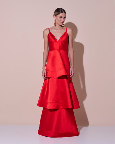 Foto Vestido de Festa Longo Zibeline em Camadas Decote em V com Alças Vermelho New