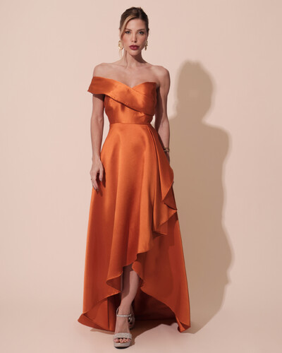 Foto Vestido de Festa Longo Zibeline um Ombro Só Mullet Terracota
