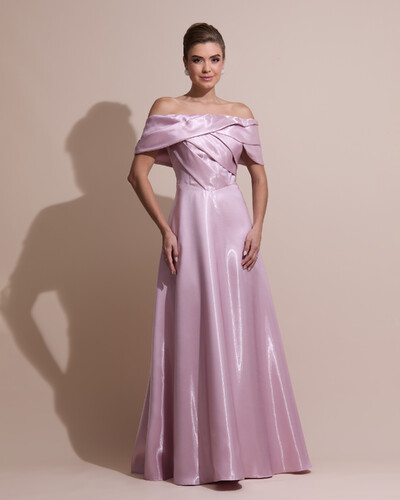 Foto Vestido de Festa Longo Cetim Cristal Ombro a Ombro Drapeado Rosa