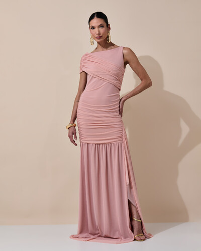 Foto Vestido de Festa Longo Tule Faixa Detalhe Drapeado Rose