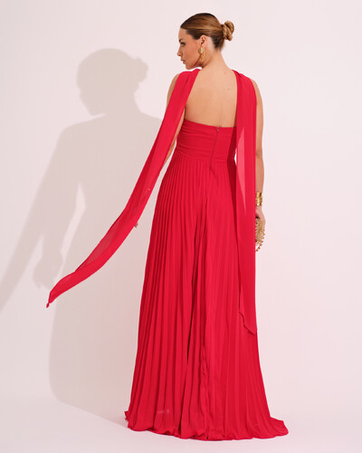 FotoVestido de Festa Longo Tomara que Caia Plissado com Lenço Vermelho Escuro