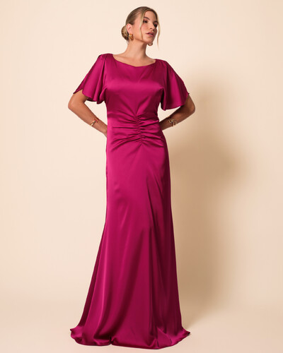 Foto Vestido de Festa Longo Cetim Fluido Manga Curta Drapeado Fúcsia Beterraba