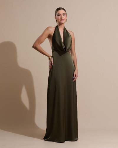 Foto Vestido de Festa Longo Frente Única Degagê Cetim Fluido Verde Oliva