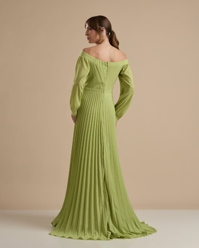 FotoVestido de Festa Longo Crepe Chiffon Plissado Ombro a Ombro Verde Pistache