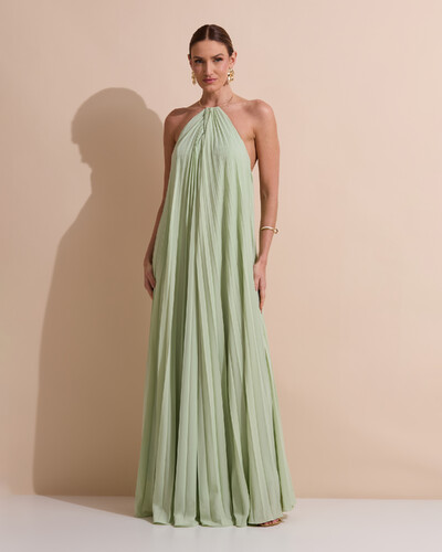 Foto Vestido de Festa Longo Frente Única Plissado Crepe Chiffon Argola Verde Menta New