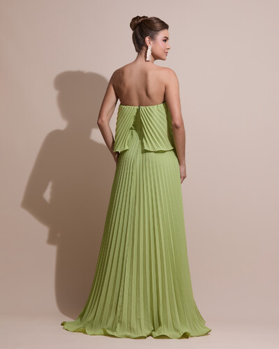 FotoVestido de Festa Longo Crepe Chiffon Tomara que Caia Plissado com Babado Cascata Verde Garden