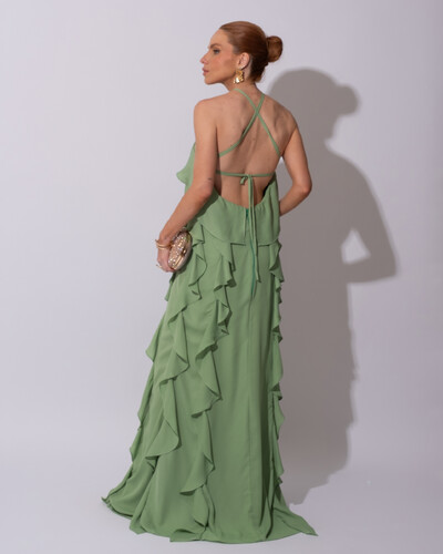 FotoVestido de Festa Longo Crepe Chiffon Frente Única Babados Cascata e Flor Verde Matcha