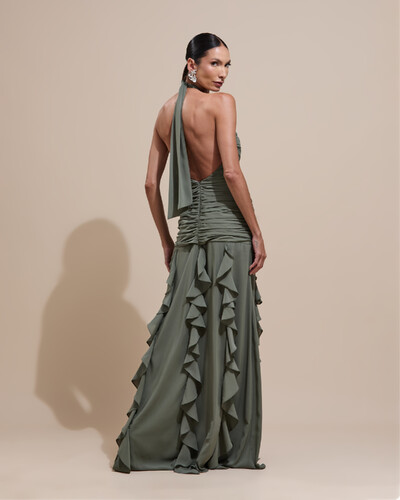 Foto Vestido de Festa Longo Frente Única Crepe Chiffon Drapeado Babados Cascata Verde Oliva