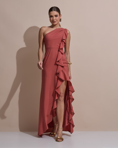 Foto Vestido de Festa Midi Um Ombro Só Crepe Chiffon Babados Cascata Fenda Terracota